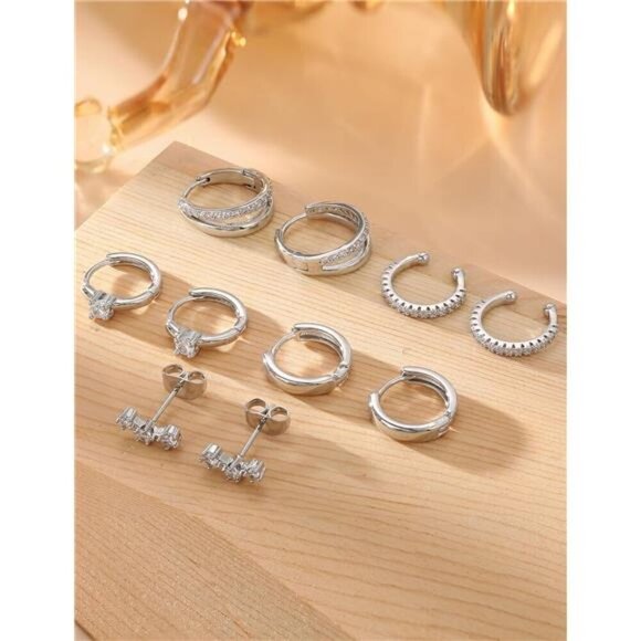 5-Pair Silver Hoop & Stud Earring Set – CZ, Huggie, Double & More Dainty Minimal - Picture 5 of 5